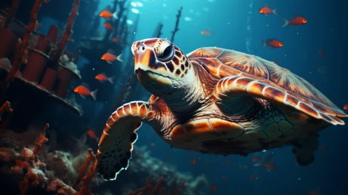 Underwater Portrayal of Turtle Amidst Colorful Fish and Coral Reef