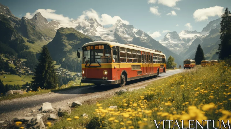 Vintage Town Bus Traveling Down a Mountain Road - Photorealistic Art AI Image