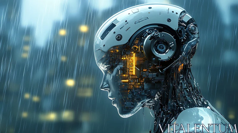 Cyborg Amidst Rainy Metropolis AI Image