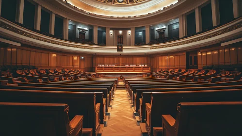 Symmetrical Auditorium with Wooden Seats