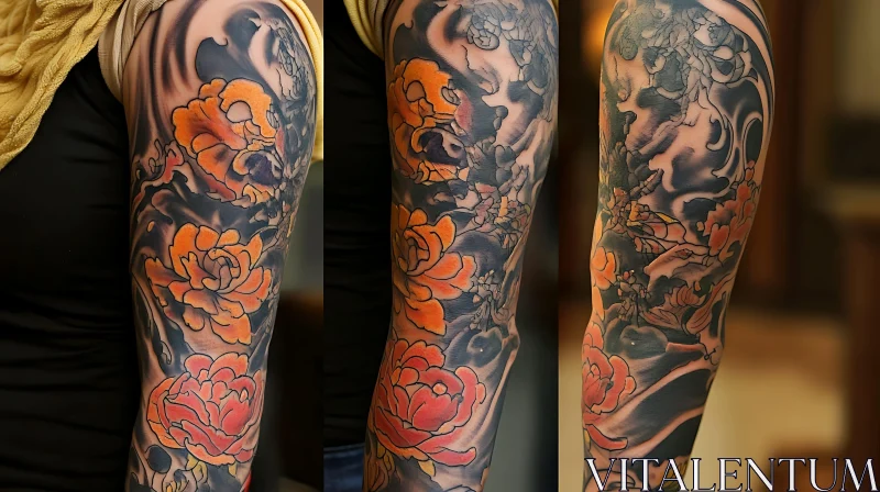 AI ART Floral Sleeve Tattoo with Orange Blossoms on Black Background