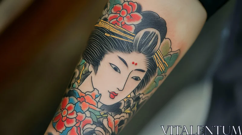 Geisha Tattoo with Floral Motif AI Image