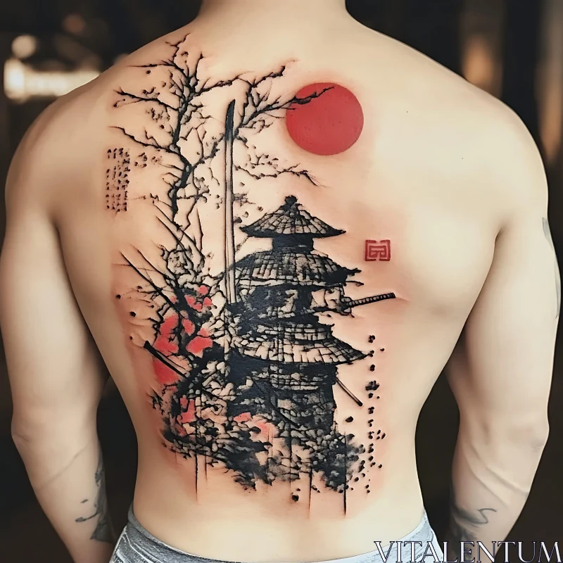 Japanese Pagoda and Red Sun Back Tattoo AI Image