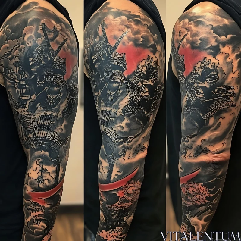 Traditional Samurai Tattoo Sleeve in Black and Grey AI Image