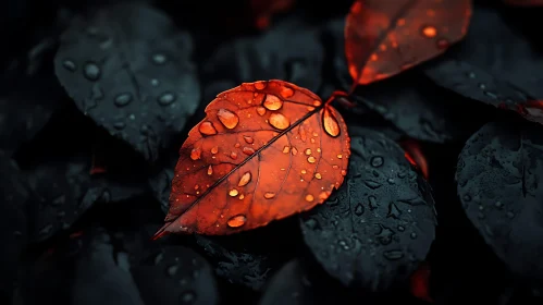 Red Autumn Leaf in the Rain