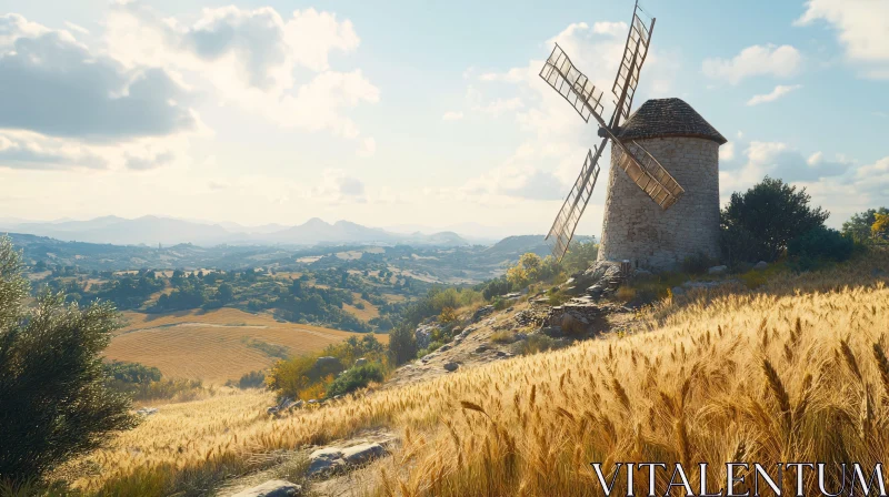 Rural Landscape with Windmill and Wheat Field AI Image