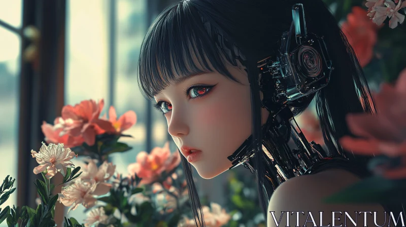 Cyborg Beauty in Floral Wonderland AI Image