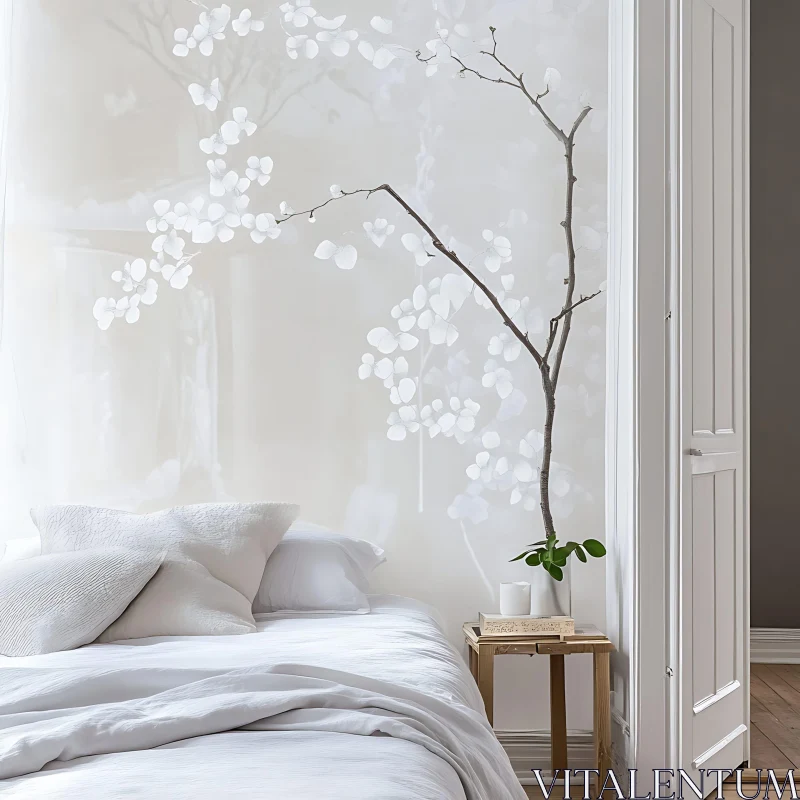 Minimalist Bedroom with Floral Wall Design AI Image