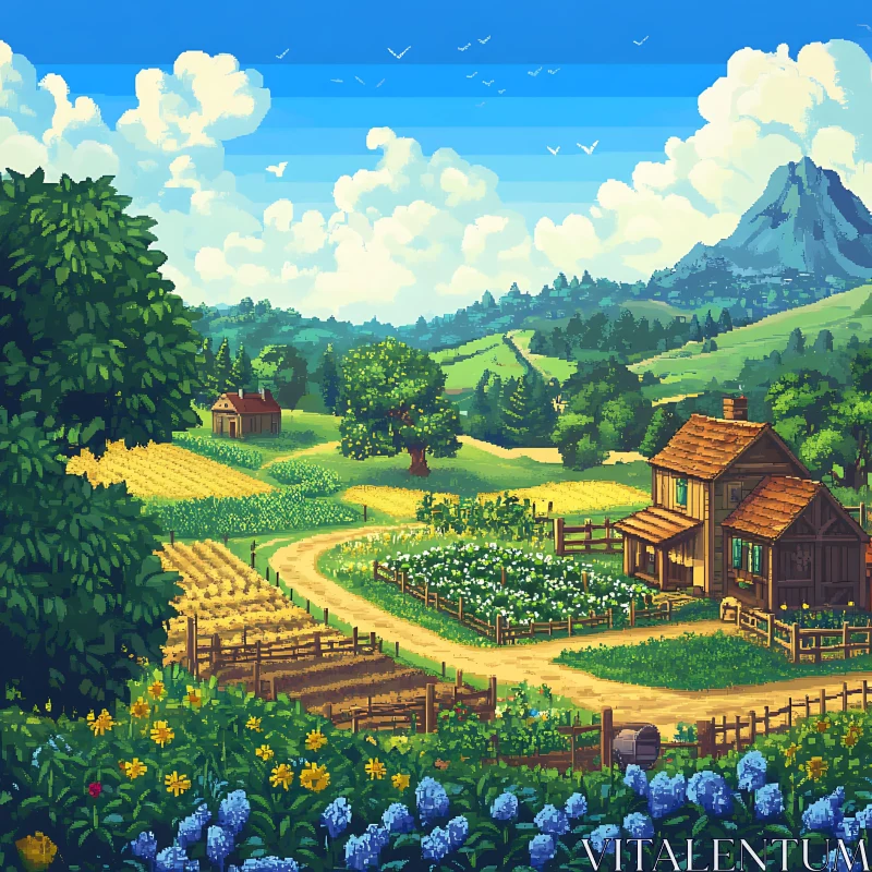 AI ART Charming Pixel Art of a Farm with Blooming Fields