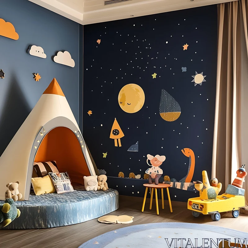 AI ART Whimsical Kids Room with Night Sky Theme