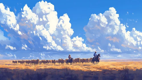 Western Scene: Cowboys and Cattle Drive
