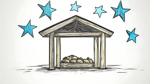 Hand-Drawn Stable Scene with Celestial Stars