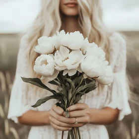 Blonde Woman Holding Peonies in Field