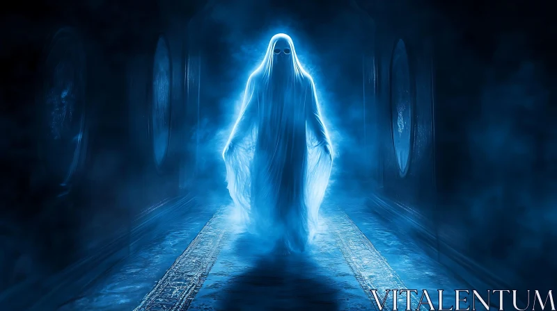 Ghostly Figure in Blue Light AI Image