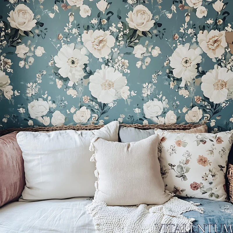 Floral Serenity: Pillows and Wallpaper Harmony AI Image