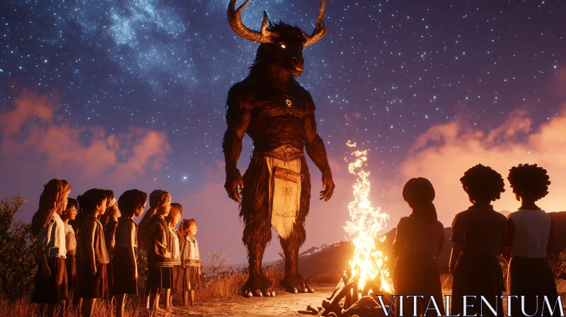 AI ART Minotaur and Children Around Campfire