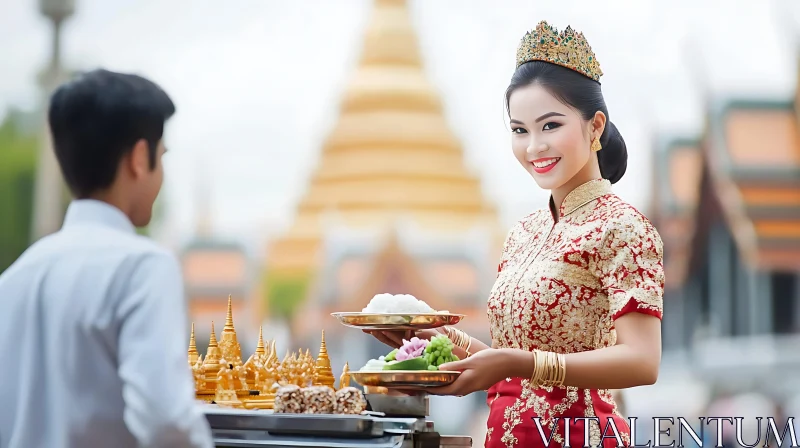 Smiling Woman with Offerings AI Image