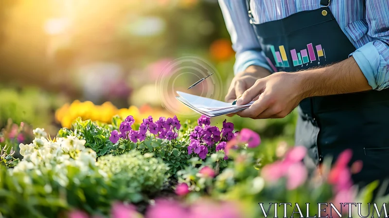 Floral Garden with Gardener Taking Notes AI Image