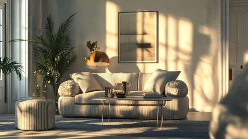 Cozy Interior with Striped Sofa and Sunlight