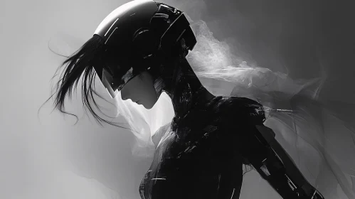 Sleek Monochrome Cyborg with High-Tech Helmet