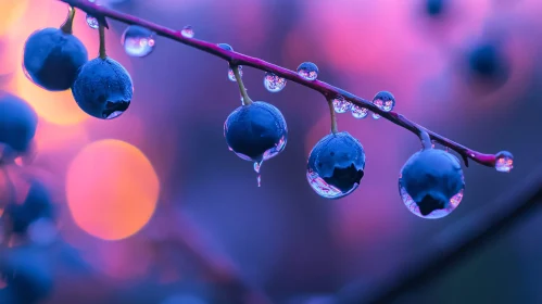 Close-Up of Blue Berries on Branch with Dew Drops