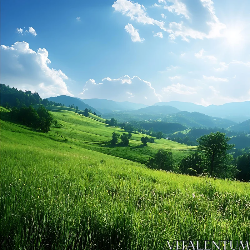 Scenic Green Field Under Blue Sky AI Image