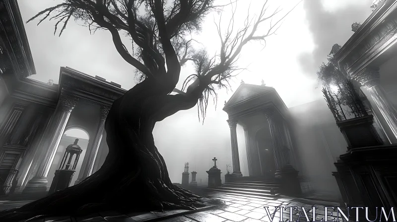 AI ART Monochrome Graveyard Scene with Ancient Tree