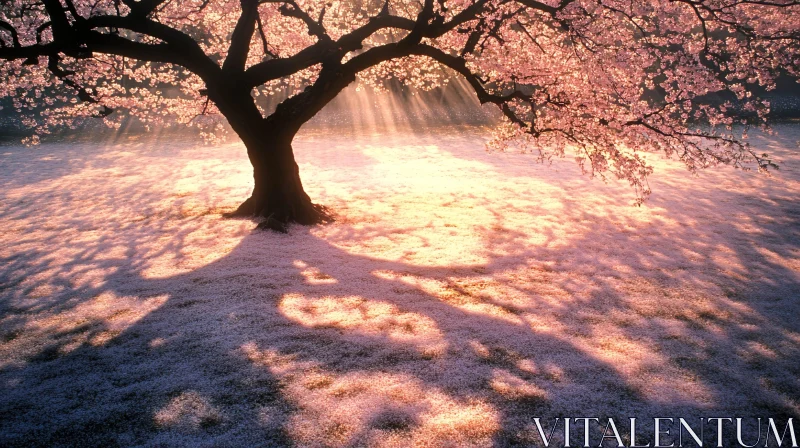 Sunlit Cherry Blossom Tree with Shadows AI Image