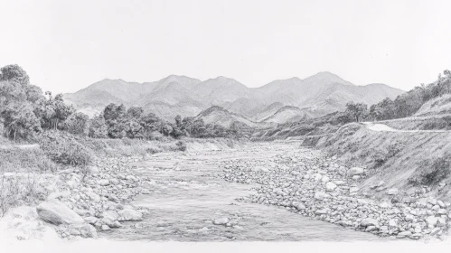 Monochrome Sketch of River through Mountains