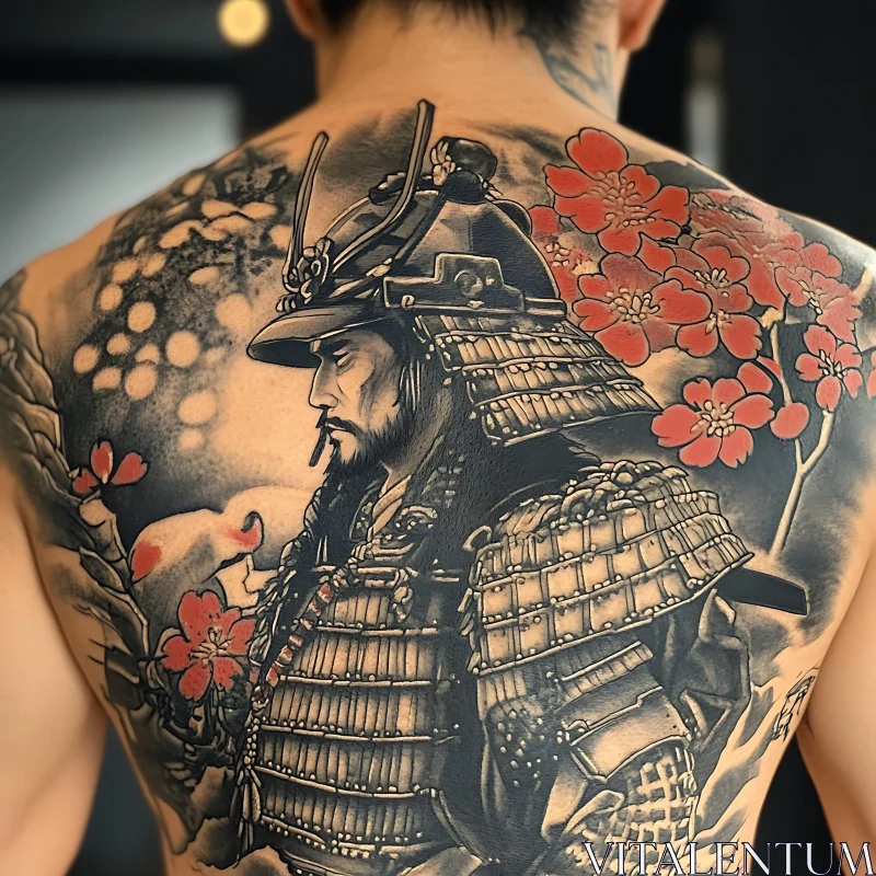 Samurai and Cherry Blossom Tattoo Art AI Image