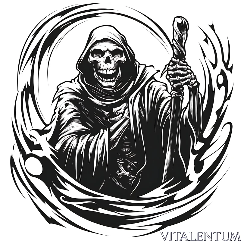 AI ART Hooded Skeleton Figure with Twisted Staff