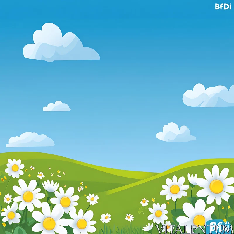 Cartoon Field with Daisies and Clouds AI Image