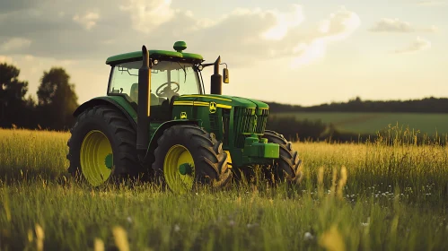 Green Tractor in Golden Field