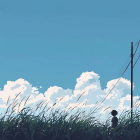 Boy in Tall Grass under Cloudy Sky