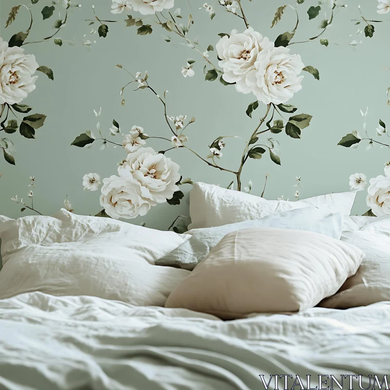 AI ART Bedroom with Floral Wallpaper and Soft Bedding