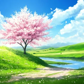 Cherry Blossom Landscape with Green Hills