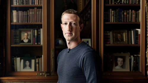 Portrait of Mark Zuckerberg in a Library Setting