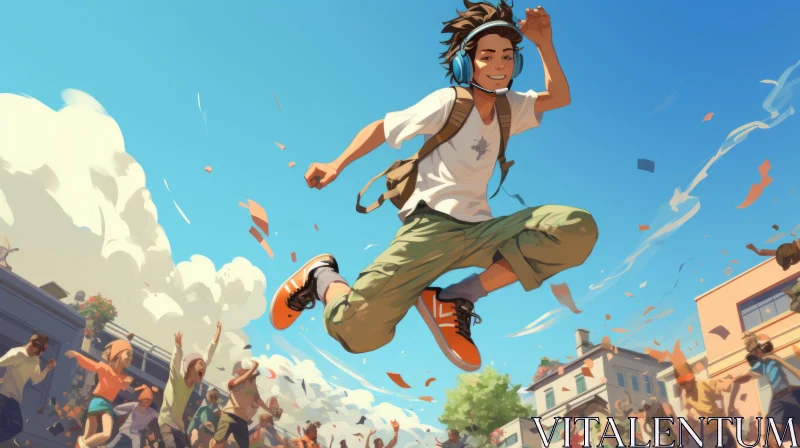 Anime Art: Energetic Boy Jumping Over a Joyful Crowd AI Image