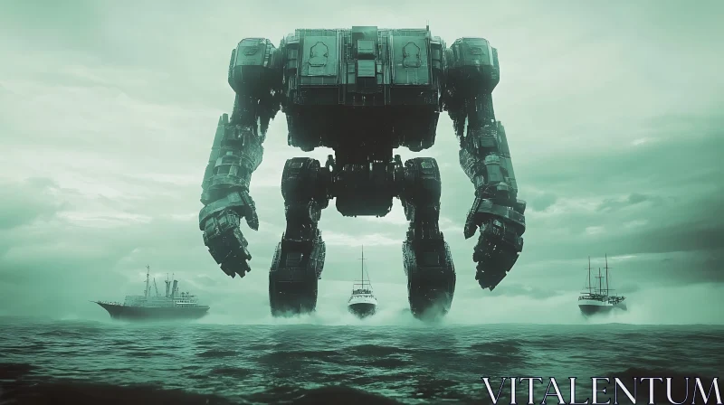 AI ART Futuristic Robot Giant in the Ocean