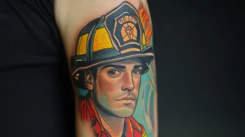 Colorful Firefighter Portrait Tattoo