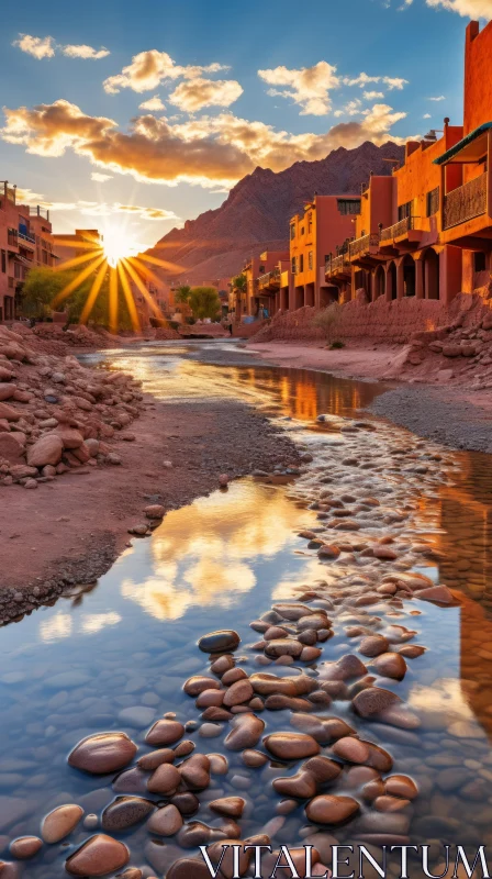 Captivating Sunset View of Stream and Buildings in Desert Terrain AI Image
