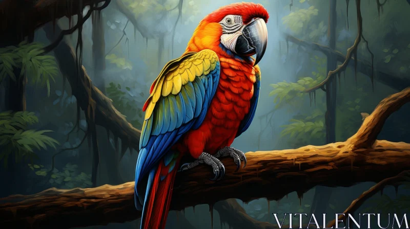 Colorful Parrot on Branch - Mysterious Jungle Artwork AI Image