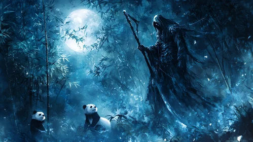 Moonlit Encounter with Pandas and the Reaper