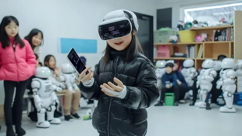 Girl with VR headset and robots