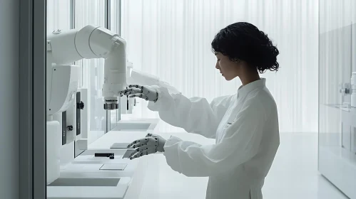 Woman and Robots in Clean Lab