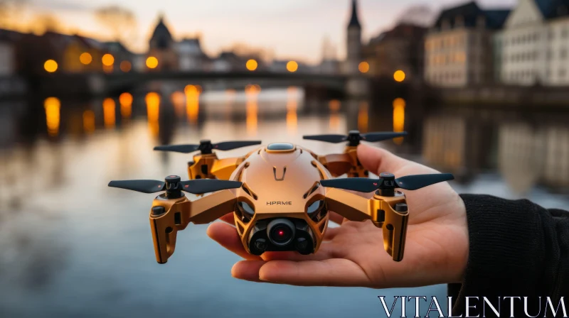 Futuristic Glamour: Hand-held Quadcopter by a River AI Image