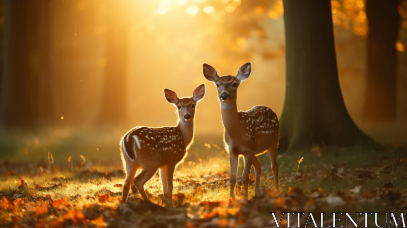 Morning Forest Encounter: Two Deers in Playful Innocence AI Image