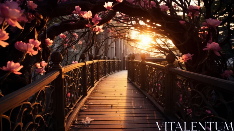 Romantic Sunset Walkway Amidst Blossoming Magnolias and a Bridge AI Image