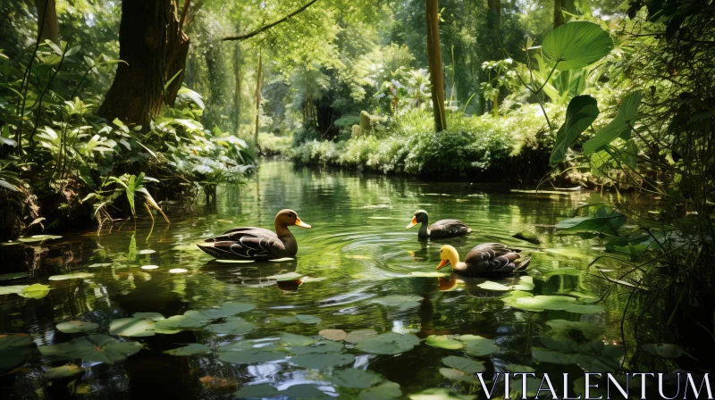 Tranquil Scene of Ducks Swimming in a Lush Tropical Forest Pond AI Image