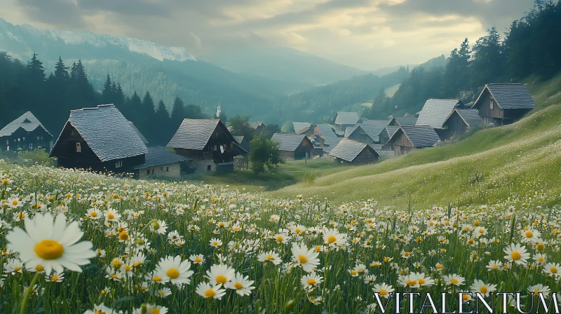 AI ART Idyllic Mountain Village Landscape with Flowers